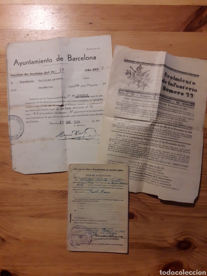 Otros Art&iacute;culos de Coleccionismo en Papel: Documentos ejercito Recluta Barcelona 1934 y regimiento infanteria 22 Zaragoza militar Republica