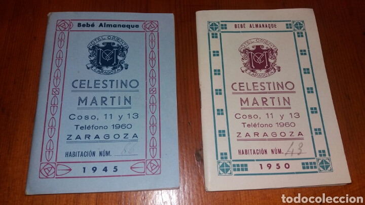 Otros Art&iacute;culos de Coleccionismo en Papel: Lote 2 Beb&eacute; Almanaque Celestino Mart&iacute;n Hotel Oriente Zaragoza a&ntilde;os 1945 y 1950 Habitaciones 86 y 43