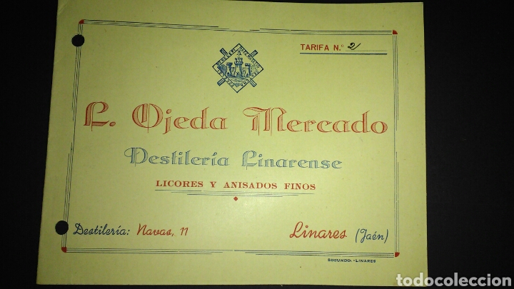 Altri oggetti di carta: LISTA DE PRECIOS. DESTILERIA LINARENSE. LINARES. JAEN. A&Ntilde;OS 40.