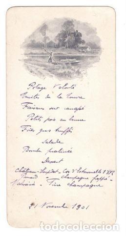 Otros art&iacute;culos de coleccionismo en papel: MEN&Uacute; manuscrito en franc&eacute;s, 21 nov. 1901. 15'5x8. Nombre manuscrito al dorso, leve &oacute;xido