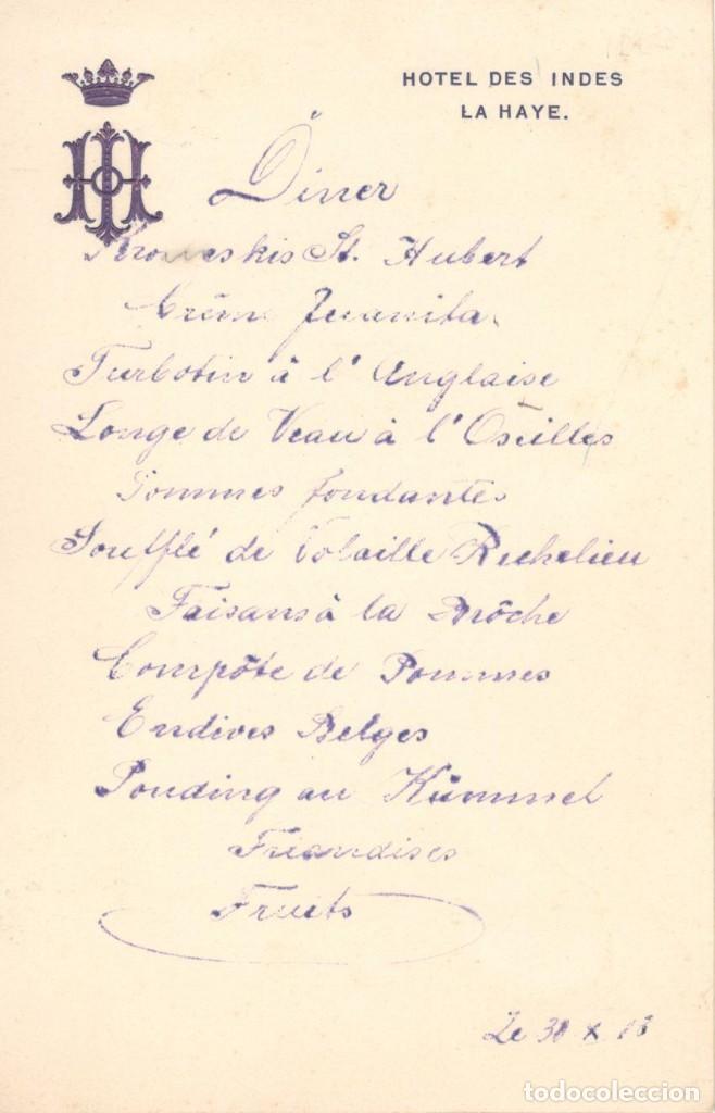 Otros art&iacute;culos de coleccionismo en papel: MEN&Uacute; manuscrito en franc&eacute;s, HOTEL DES INDES, LA HAYE, principios siglo XX. 17x11
