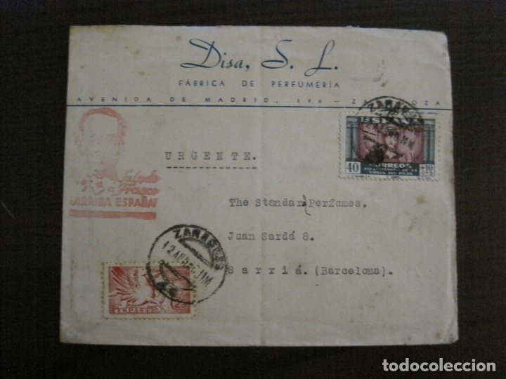 Otros Art&iacute;culos de Coleccionismo en Papel: SOBRE PUBLICITARIO-DISA S.L.-PERFUMERIA-ZARAGOZA-TAMPON FRANCO & VIRGEN PILAR-VER FOTOS-(V-17.321)