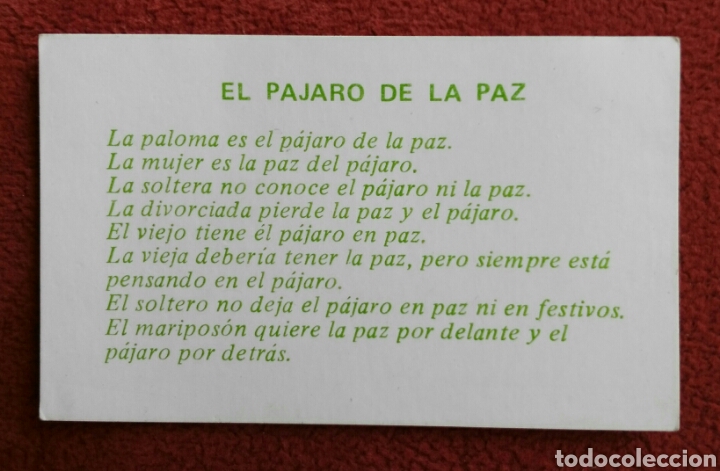 Otros art&iacute;culos de coleccionismo en papel: TARJETA SICALITICA. A&Ntilde;OS 60-70. EL PAJARO DE LA PAZ. ENVIO INCLUIDO EN EL PRECIO.