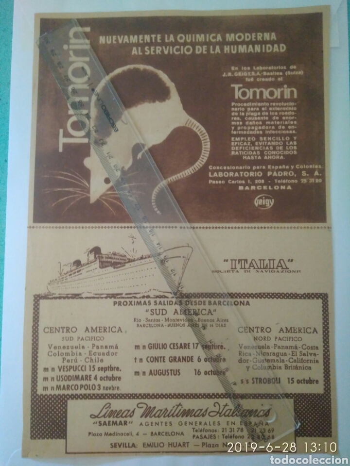 Otros Art&iacute;culos de Coleccionismo en Papel: RECORTE ORIGINAL A&Ntilde;OS 40/50 PUBLICIDAD TOMORIN MATA RATAS.Y SAEMAR L&Iacute;NEA MAR&Iacute;TIMA ITALIANA