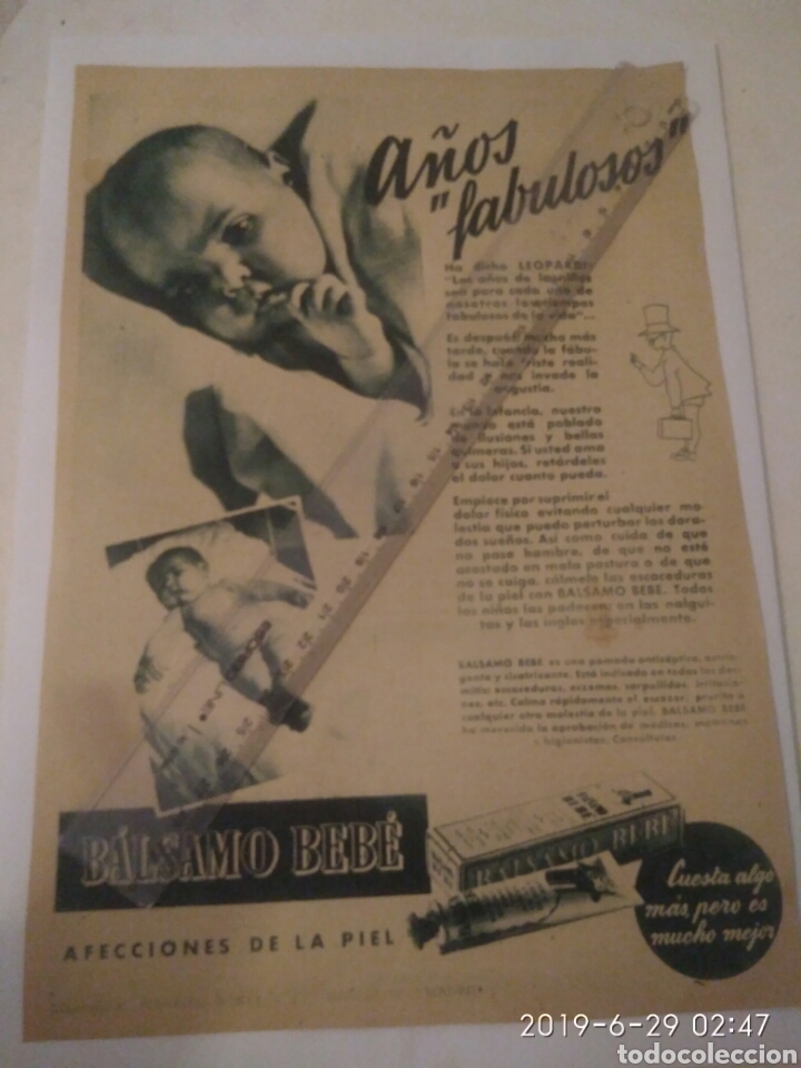 Outros artigos de papel: RECORTE ORIGINAL A&Ntilde;OS 40/50 PUBLICIDAD BALSAMO BEBE AFECCIONES DE LA PIEL.A&Ntilde;OS FABULOSOS