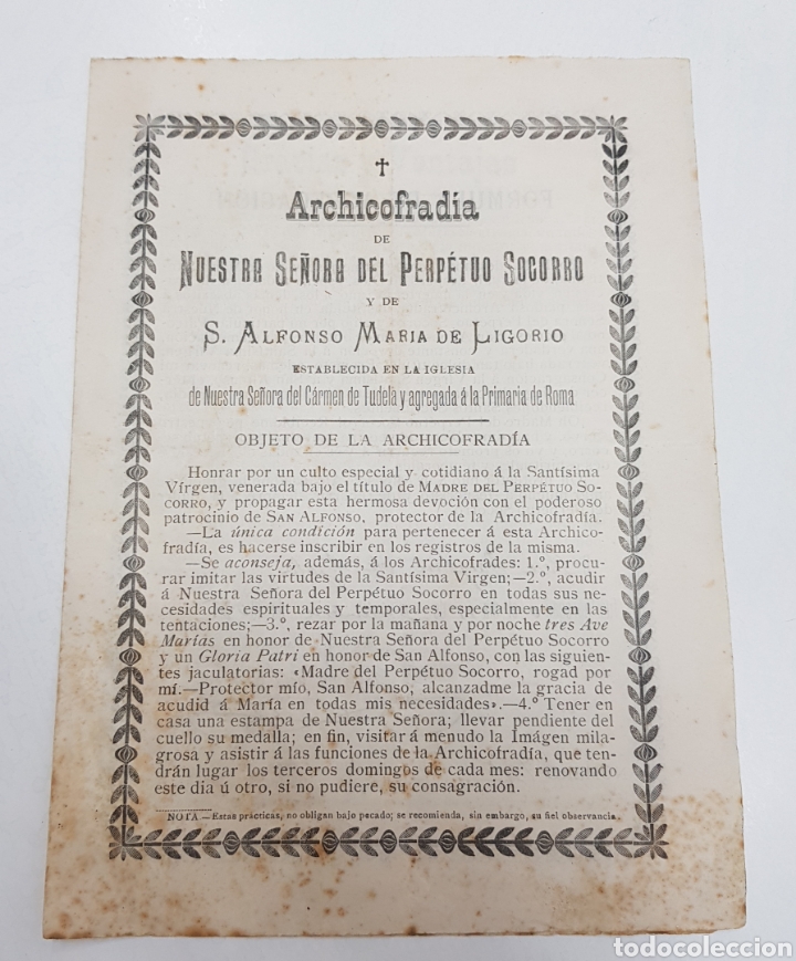 Collectionnisme Papier divers: documento RELIGIOSO ARCHICOFRADIA PERPETUO SOCORRO Y SAN ALFONSO DE LIGORIO tdkp14