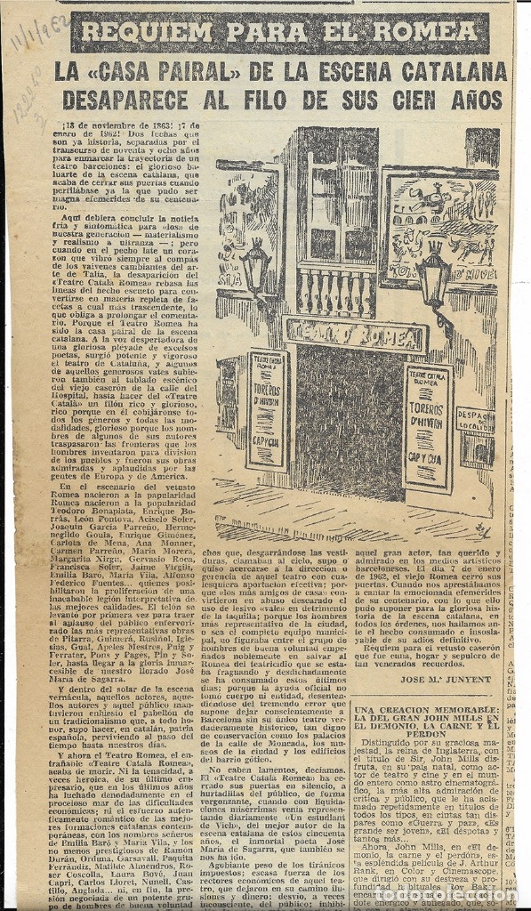 Otros art&iacute;culos de coleccionismo en papel: Requiem para el Romea. recorte de premsa. Jose M&ordf; Junyent. El Correo Catalan  11/01/1962