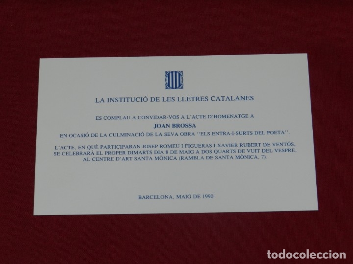 Otros Art&iacute;culos de Coleccionismo en Papel: M34- INVITACI&Oacute; - LA INSTITUCI&Oacute; DE LES LLETRES CATALANES - INVITACI&Oacute; D'HOMENATGE A JOAN BROSSA 1990