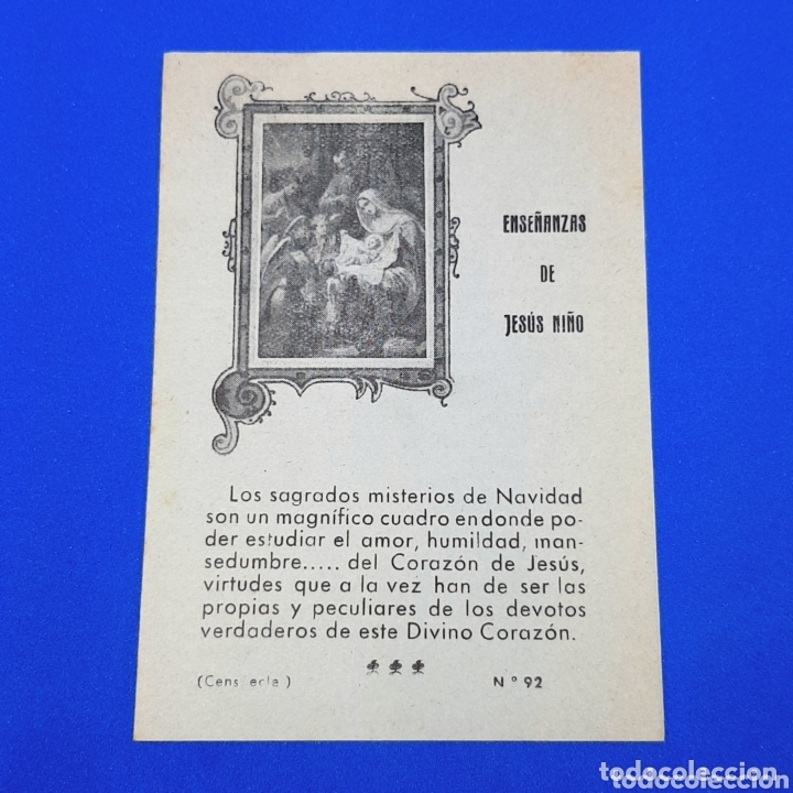 Otros art&iacute;culos de coleccionismo en papel: (NK.2) ESTAMPA RELIGIOSA O CROMO - ENSE&Ntilde;ANZAS DE JESUS NI&Ntilde;O. N&deg;92