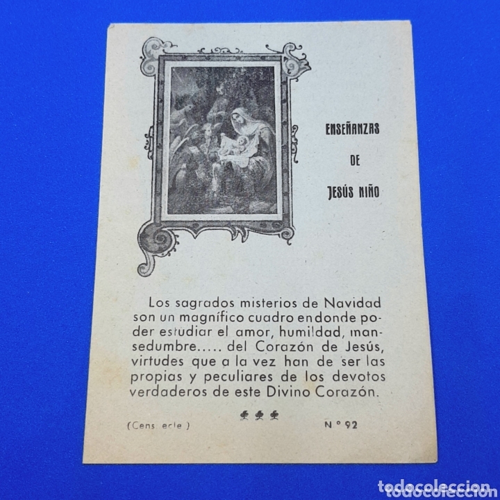 Otros art&iacute;culos de coleccionismo en papel: (NK.2) ESTAMPA RELIGIOSA O CROMO - N&deg;92. ENSE&Ntilde;ANZAS de JESUS ni&ntilde;o