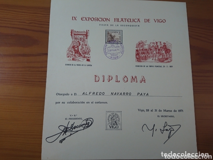 Otros Art&iacute;culos de Coleccionismo en Papel: IX Exposici&oacute;n Filatelica de Vigo, Diploma otorgado a Alfredo Navarro Pay&aacute;, 1971