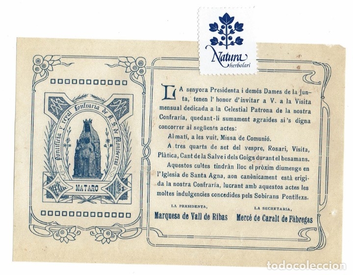 Otros art&iacute;culos de coleccionismo en papel: Confraria Montserrat Matar&oacute; / Marquesa de Vall de Ribas / Merc&eacute; de Caralt de F&aacute;bregas / Modernista