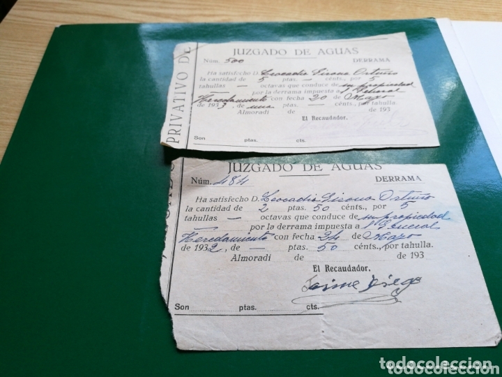 Otros Art&iacute;culos de Coleccionismo en Papel: Dos recibos del Juzgado de Aguas de Almorad&igrave; (Alicante). A&ntilde;os 30