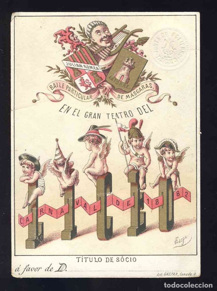 Otros Art&iacute;culos de Coleccionismo en Papel: Entrada de Baile del Gran Teatro del Liceo de Barcelona. Carnaval de 1882. Ilustrador Gaspar