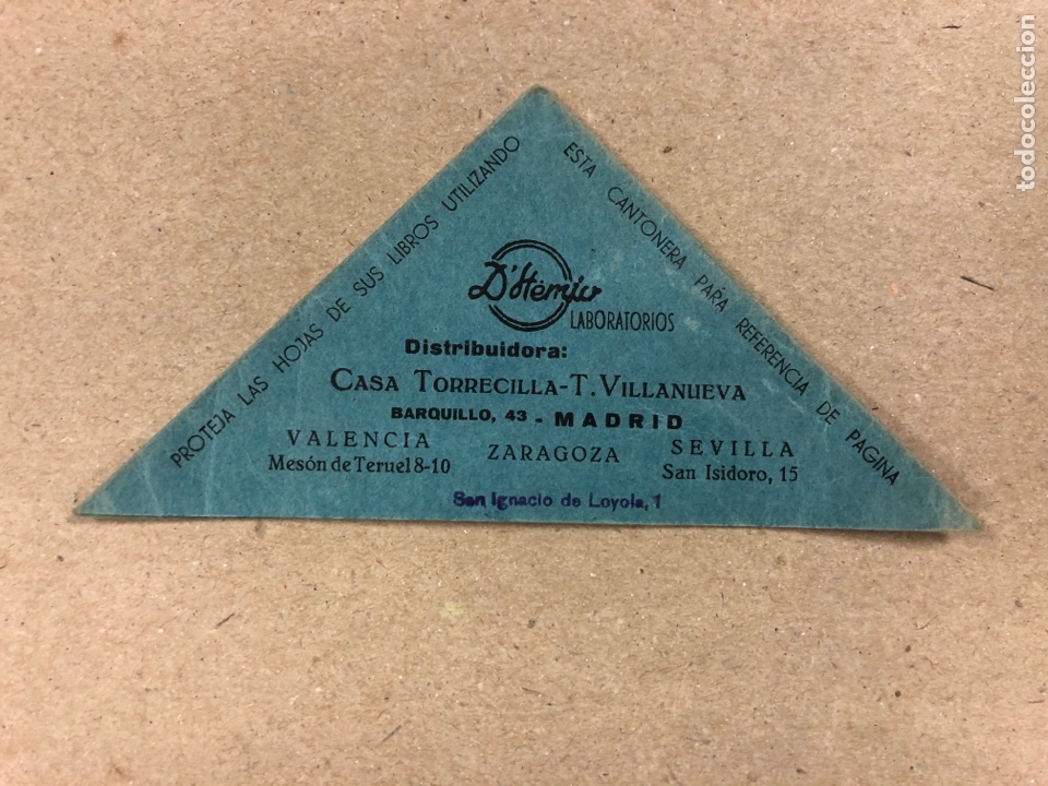 Altri oggetti di carta: ANTIGUA CANTONERA PARA REFERENCIA DE P&Aacute;GINAS DE PAPEL. PUBLICIDAD D&rsquo;HEMIO LABORATORIOS (MADRID).