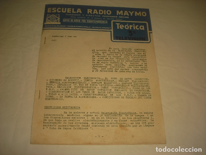 Sammelleidenschaft Andere Papierartikel: ESCUELA RADIO MAYMO. CURSO DE RADIO POR CORRESPONDENCIA. TEORICA 3, TELEVISION . 1963.