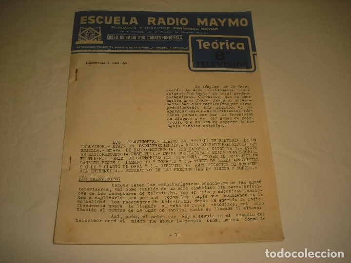 Sammelleidenschaft Andere Papierartikel: ESCUELA RADIO MAYMO. CURSO DE RADIO POR CORRESPONDENCIA. TEORICA 8, TELEVISION . 1963.