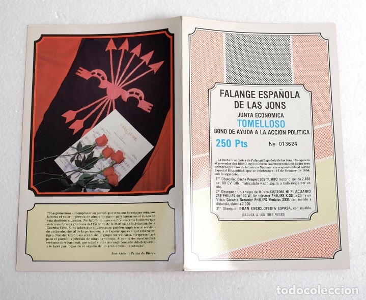 Otros Art&iacute;culos de Coleccionismo en Papel: BONO DE AYUDA DE FALANGE ESPA&Ntilde;OLA DE LAS JONS. DE TOMELLOSO. FRANCO Y JOSE ANTONIO. 1984
