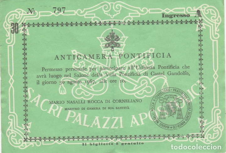 Otros art&iacute;culos de coleccionismo en papel: entrada  para la audiencia en la antecamara pontifica de castel gandolfo vaticano a&ntilde;o 1967