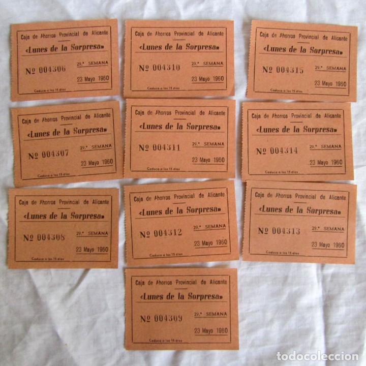 Otros Art&iacute;culos de Coleccionismo en Papel: 10 boletos Lunes de la Sorpresa Caja de Ahorros Provincial de Alicante 1960
