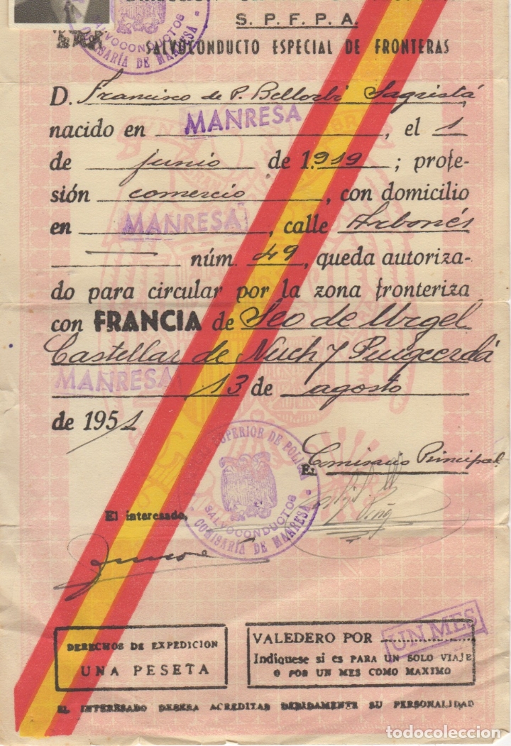Otros art&iacute;culos de coleccionismo en papel: documento de la direccion general de seguridad salvoconducto especial fronteras manresa 1951