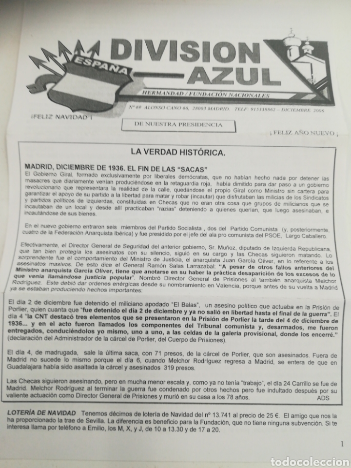 Otros Art&iacute;culos de Coleccionismo en Papel: Divisi&oacute;n Azul Hermandad Fundaci&oacute;n Nacionales N&uacute;mero 69 a&ntilde;o 2006
