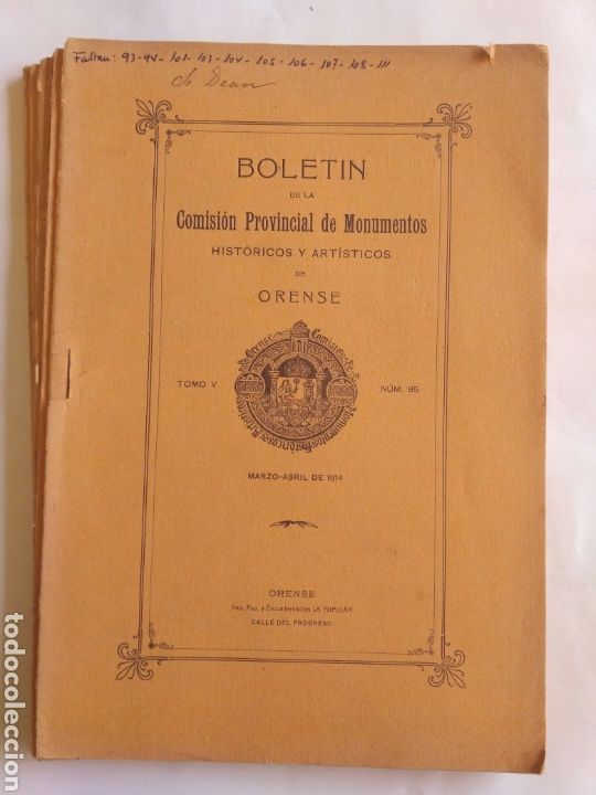 Otros Art&iacute;culos de Coleccionismo en Papel: 6 boletines Comisi&oacute;n de Monumentos de Orense. Tomo V, a&ntilde;o 1914 -15. Galicia. Arqueolog&iacute;a.