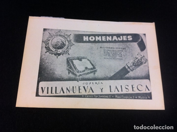 Collectionnisme Papier divers: ANUNCIO PUBLICITARIO (JOYER&Iacute;A VILLANUEVA Y LAISECA)  MADRID
