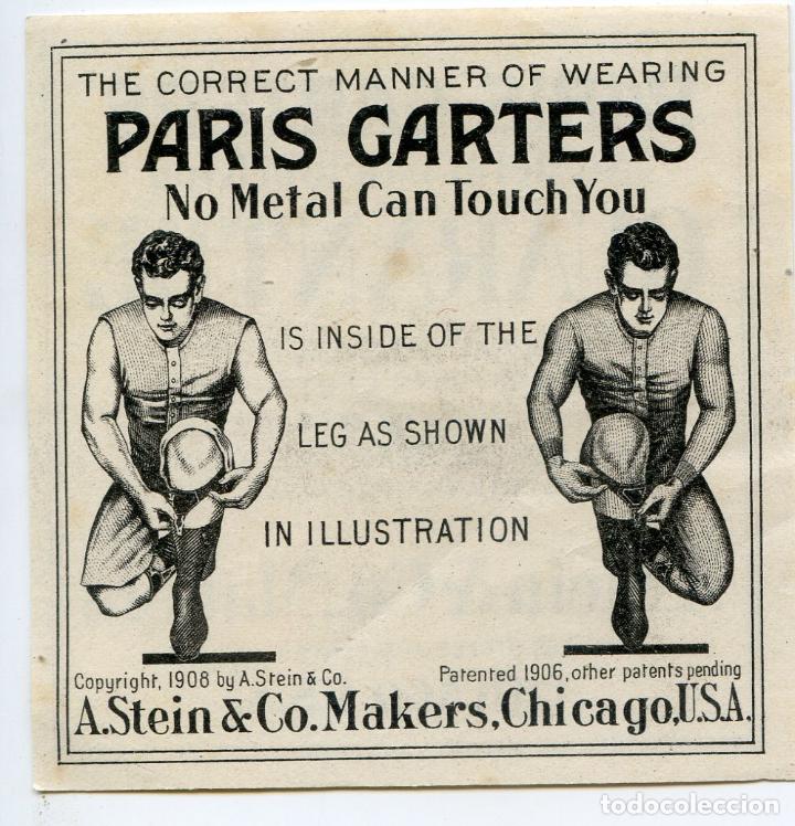 Altri oggetti di carta: Paris Garters Equiqueta publicitaria antigua de ligas de caucho para calcetines 1906-1908 8,2x8,2 cm