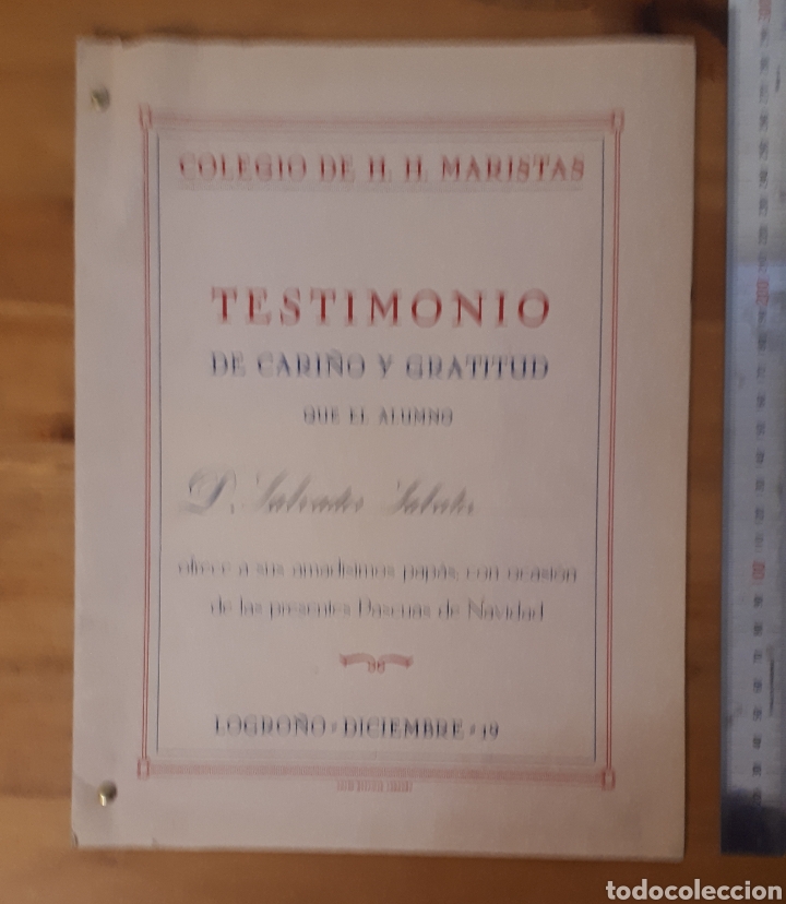 Otros Art&iacute;culos de Coleccionismo en Papel: Testimonio de cari&ntilde;o y gratitud. Colegio H.H. Maristas. Logro&ntilde;o. Trabajo escolar manuscrito.