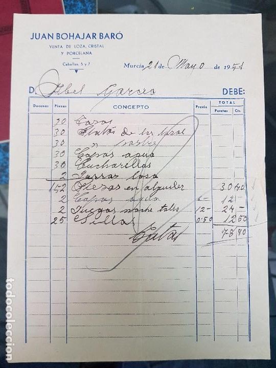Otros art&iacute;culos de coleccionismo en papel: ANTIGUA FACTURA COMERCIAL LOZA CRISTAL BOHAJAR MURCIA 1951