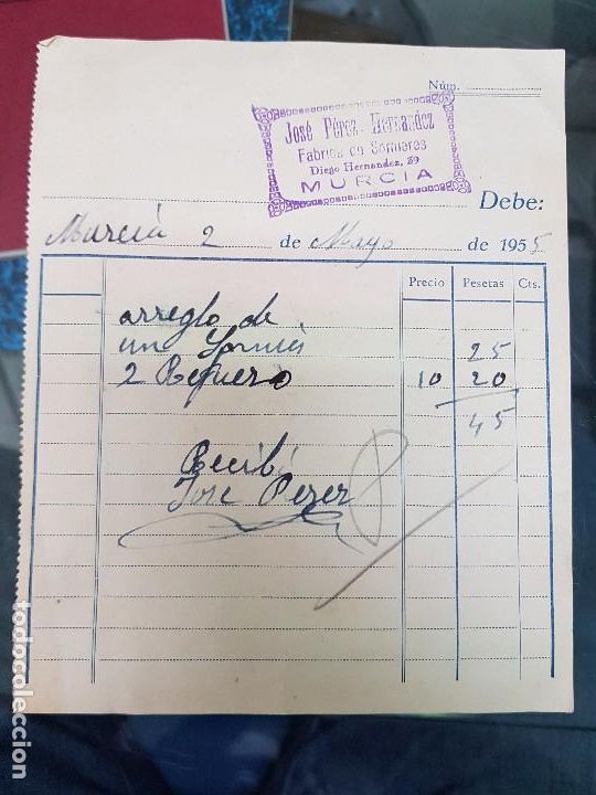 Otros art&iacute;culos de coleccionismo en papel: ANTIGUO RECIBO COMERCIAL FABRICA SOMIERES BARRIO DEL CARMEN MURCIA 1955