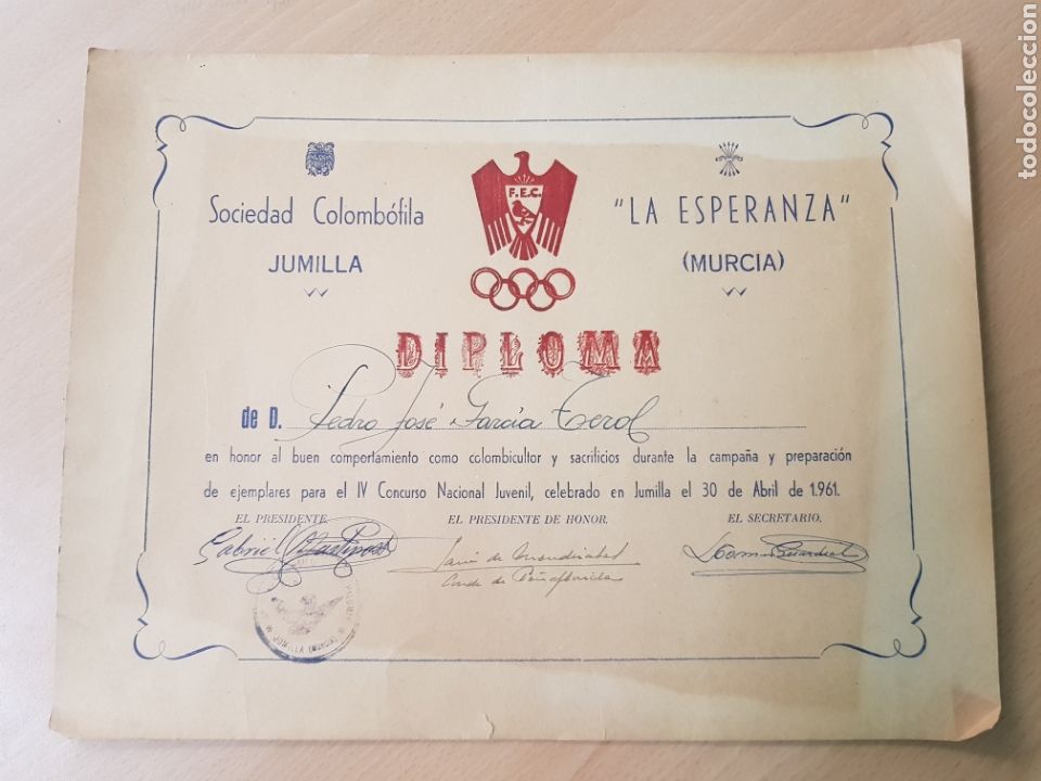Outros artigos de papel: DIPLOMA SOCIEDAD COLOMBOFILA LA ESPERANZA JUMILLA MURCIA 1961