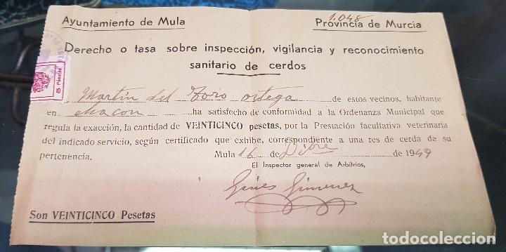 Otros Art&iacute;culos de Coleccionismo en Papel: AYUNTAMIENTO DE MULA MURCIA INSPECCION VIGILANCIA Y RECONOCIMIENTON SANITARIO DE CERDOS