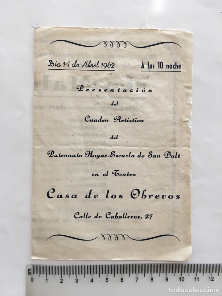Otros Art&iacute;culos de Coleccionismo en Papel: DIPTICO. TEATRO CASA DE LOS OBREROS. LA MALQUERIDA, DE JACINTO BENAVENTE. VALENCIA, 24-4-1962.