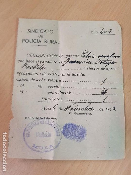 Collectionnisme Papier divers: SINDICATO DE POLICIA RURAL 1942 MULA MURCIA