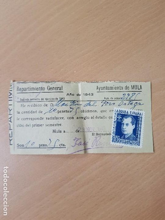 Sammelleidenschaft Andere Papierartikel: ANTIGUO RECIBO AYUNTAMIENTO DE MULA 1943