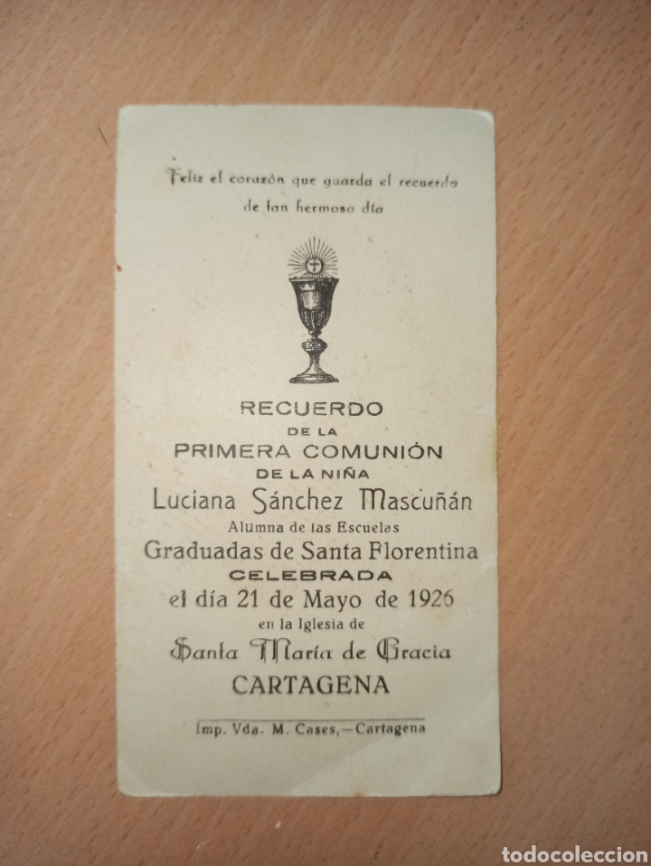 Paper Collecting Others: ANTIGUA ESTAMPA RELIGIOSA PRIMERA COMUNI&Oacute;N CARTAGENA 1926