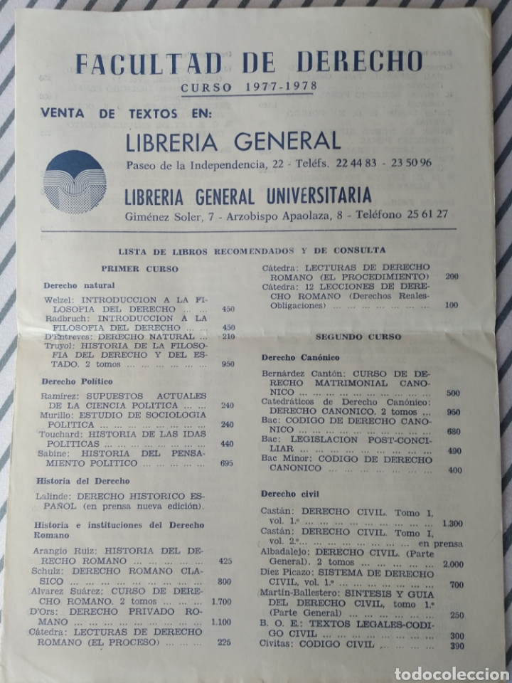 Collectionnisme Papier divers: FACULTAD DERECHO ZARAGOZA. CURSO 1977-78. LISTA DE LIBROS RECOMENDADOS.