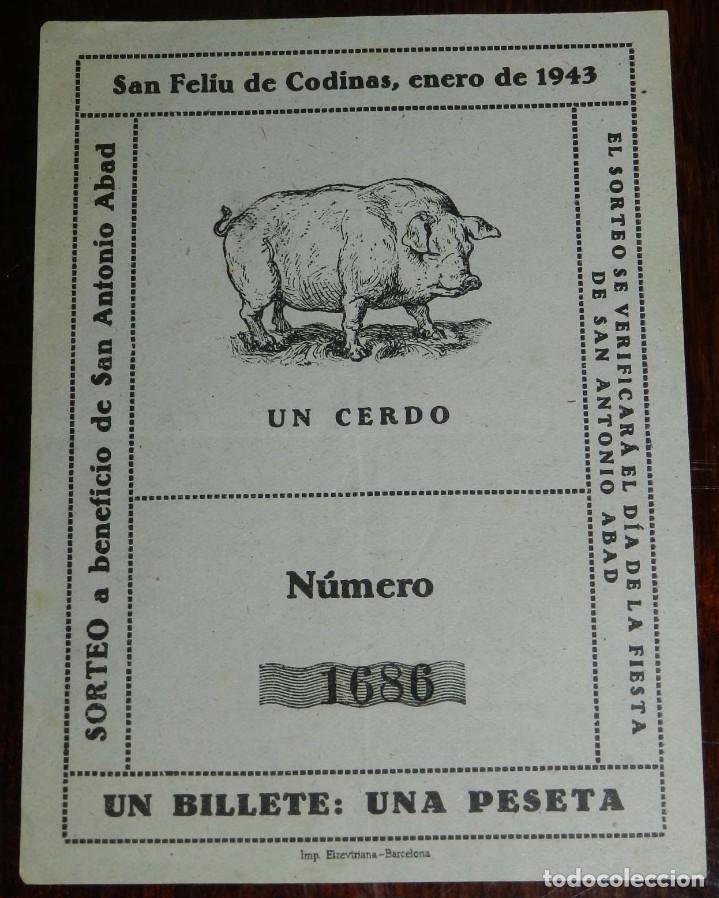 Otros Art&iacute;culos de Coleccionismo en Papel: PAPELETA DE SORTEO A BENEFICIO DE SAN ANTONIO ABAD, SAN FELIU DE CODINAS, ENERO DE 1943, SORTEO DE U