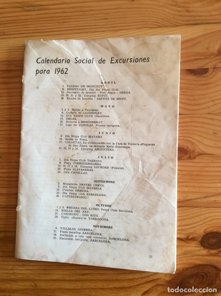 Otros Art&iacute;culos de Coleccionismo en Papel: Fragmento revista Vespa Club 1962 calendario social excursiones regularidad Jean Bouin Guardia Urban