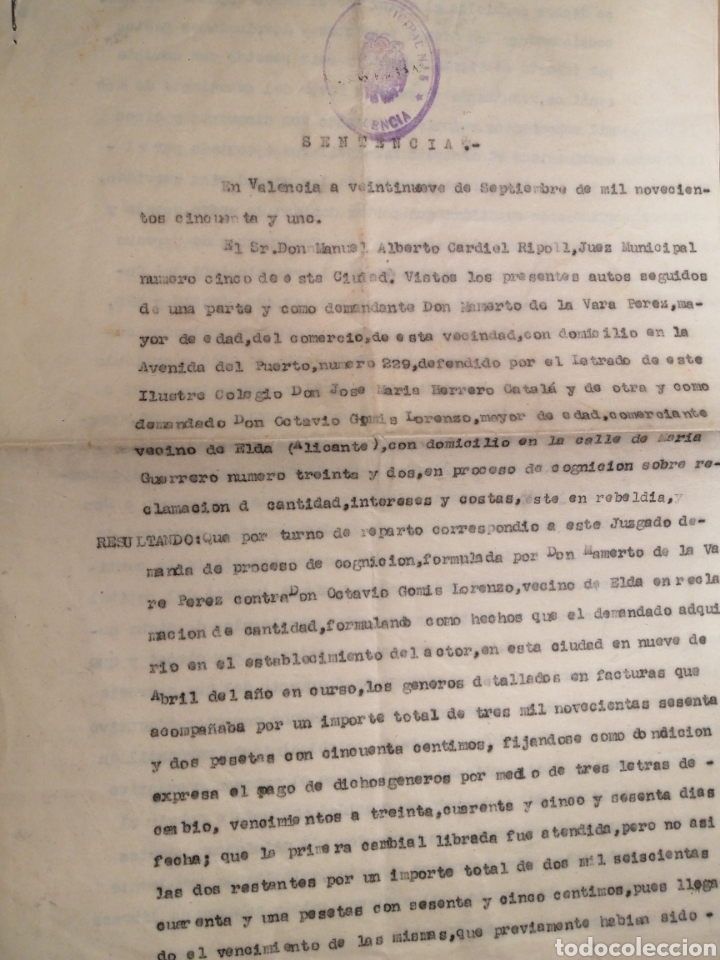 Otros art&iacute;culos de coleccionismo en papel: Elda Sentencia dada en Valencia a&ntilde;os 40