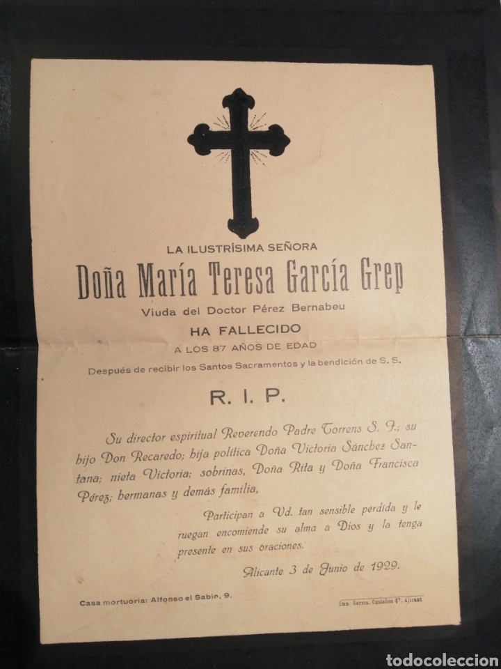 Otros Art&iacute;culos de Coleccionismo en Papel: Esquela Alicante 1929 Familia P&eacute;rez Bernabeu
