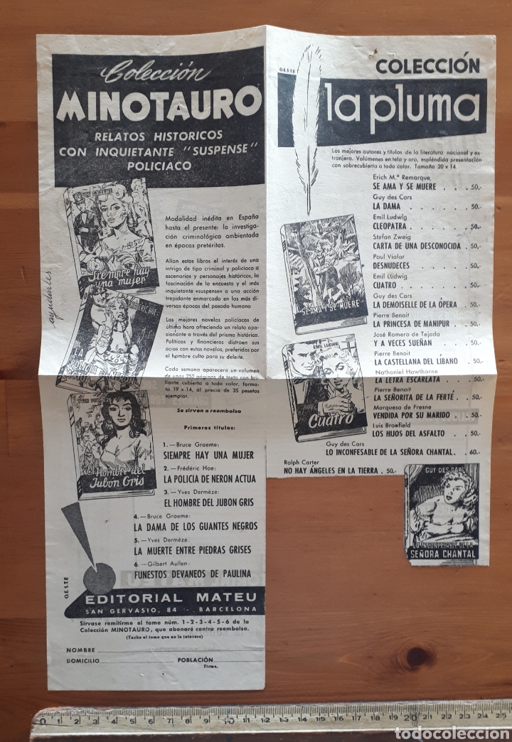 Otros Art&iacute;culos de Coleccionismo en Papel: Hoja publicitaria Ed. Mateu Colecci&oacute;n Minotauro y Colecci&oacute;n La Pluma