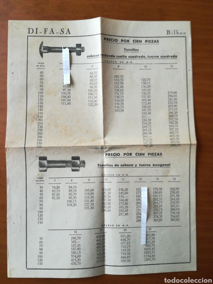 Collectionnisme Papier divers: Hoja publicidad precios difasa di-fa-sa Bilbao tornillos tuercas arandelas