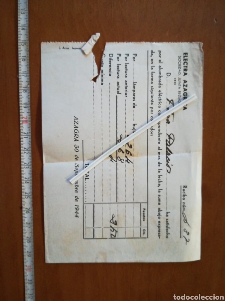 Altri oggetti di carta: Factura Electra azagresa 1944 azagra navarra