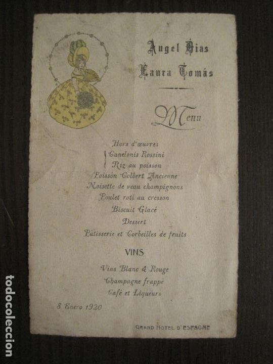 Otros art&iacute;culos de coleccionismo en papel: MENU ANTIGUO-GRAN HOTEL D'ESPAGNE-8 DE ENERO DE 1920-VER FOTOS-(V-19.617)