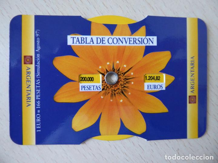 Otros art&iacute;culos de coleccionismo en papel: Tarjeta de Argentaria con tabla de conversi&oacute;n de Pesetas a Euros y de Euros a Pesetas. A&ntilde;o 1997
