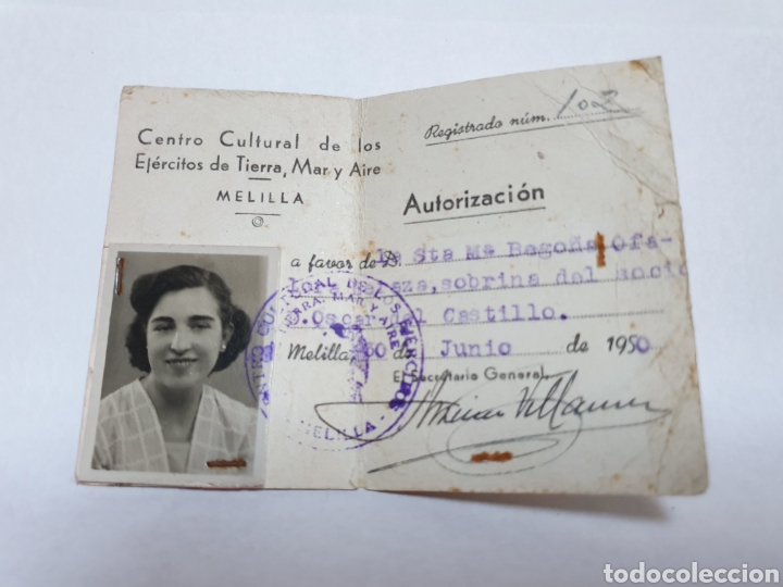 Otros art&iacute;culos de coleccionismo en papel: CENTRO CULTURAL EJERCITOS TIERRA, MAR Y AIRE. MELILLA. AUTLRIZACION. 1950.