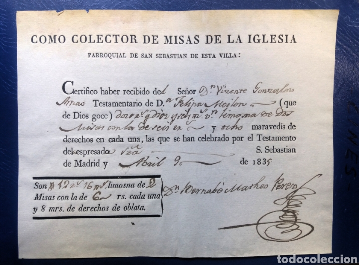 Otros Art&iacute;culos de Coleccionismo en Papel: Madrid 1835. Recibo por unas misas en la iglesia de San Sebasti&aacute;n